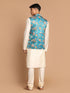 Men's Turquoise Digital Printed Royal Angrakha Nehru Jacket With Cream Kurta Pyjama